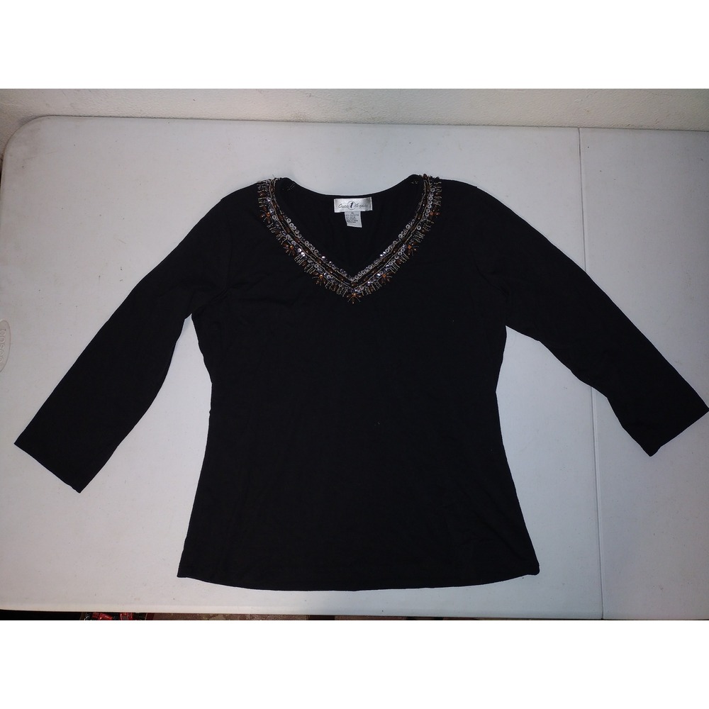 Once Again Black Beaded V-Neck 3/4 Sleeve Blouse Top XL